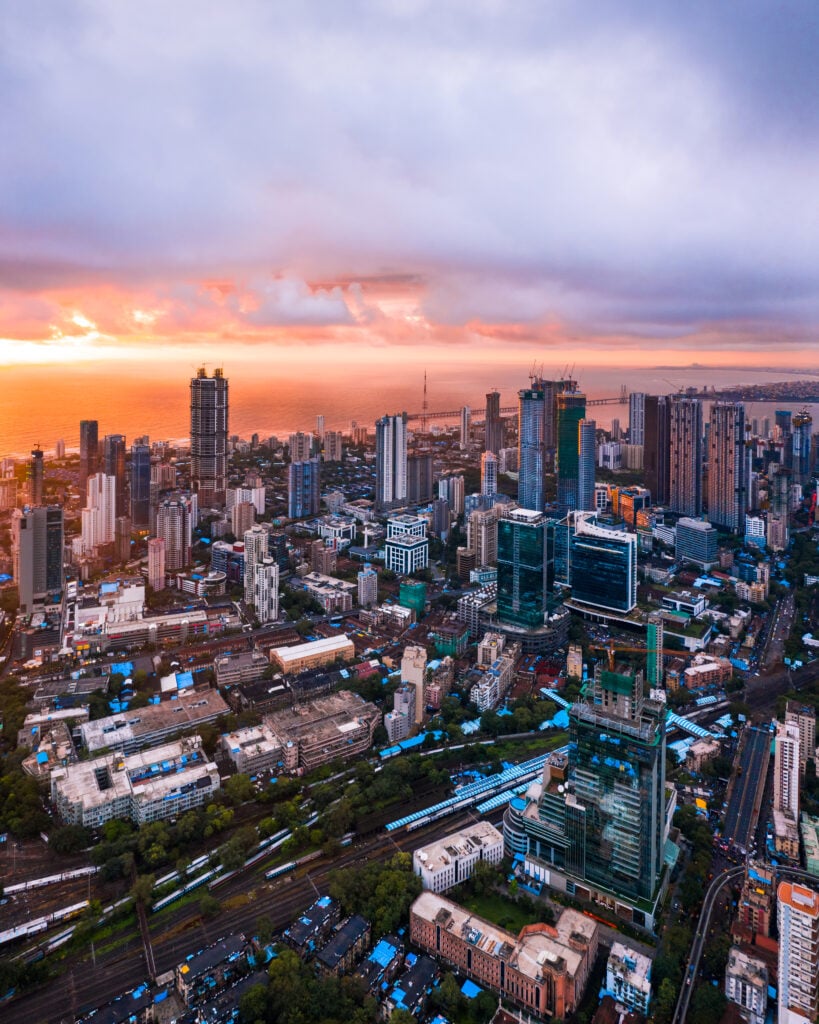 aerial view downtown mumbai sunset